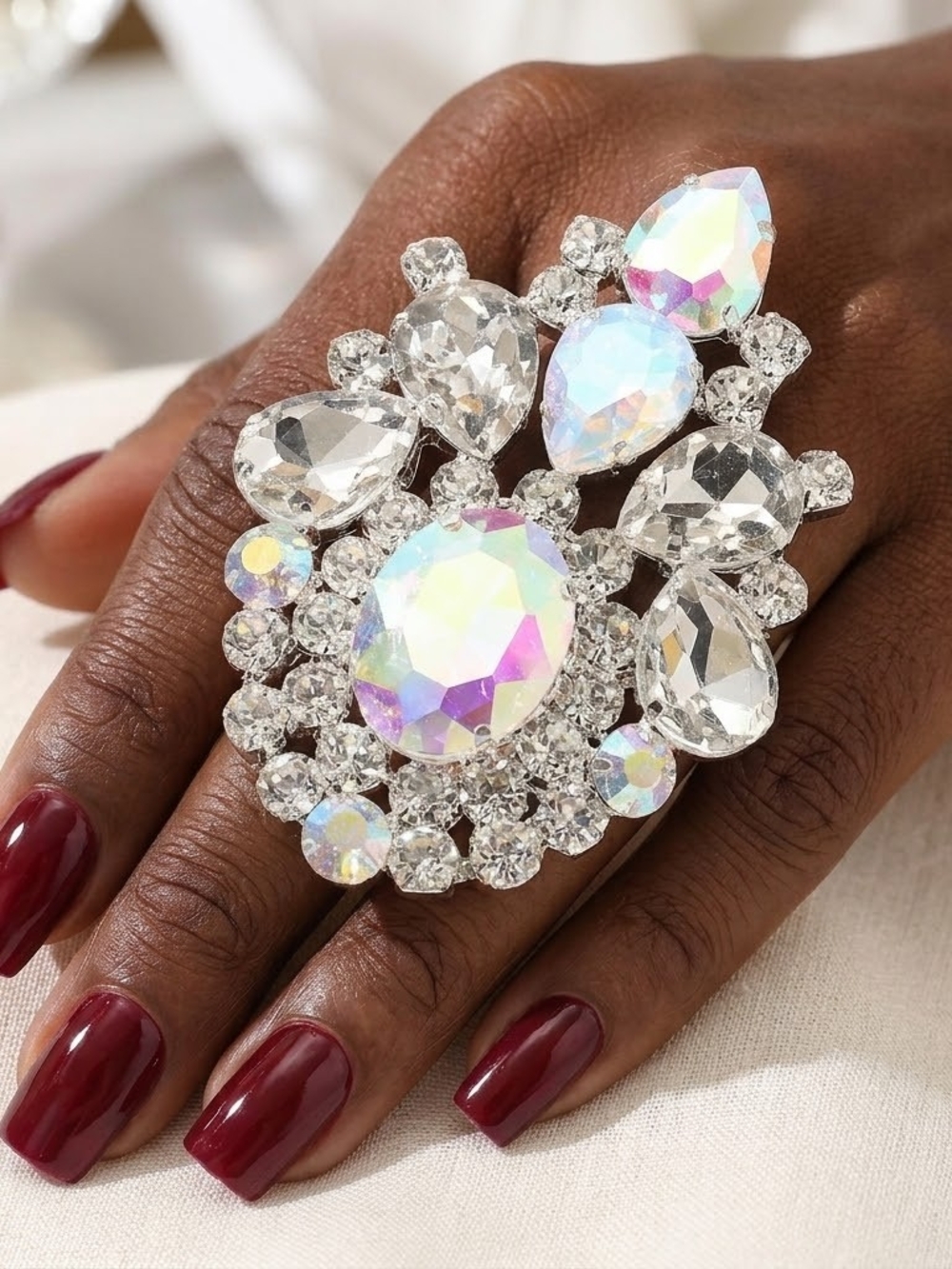 Silver Ab Crystal Oversized Stretch Fashion Ring Rhinestone Finger Adjustable